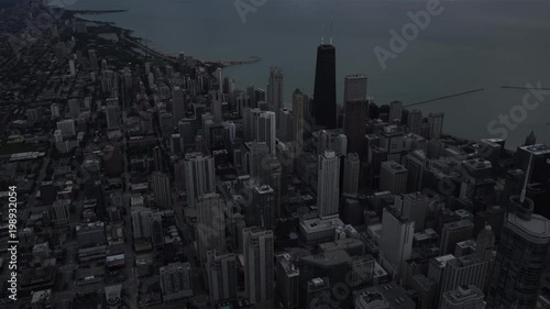 Chicago aerial view of the Chicago Loop over Trump Tower looking towards Lake Michigan and Willis Tower