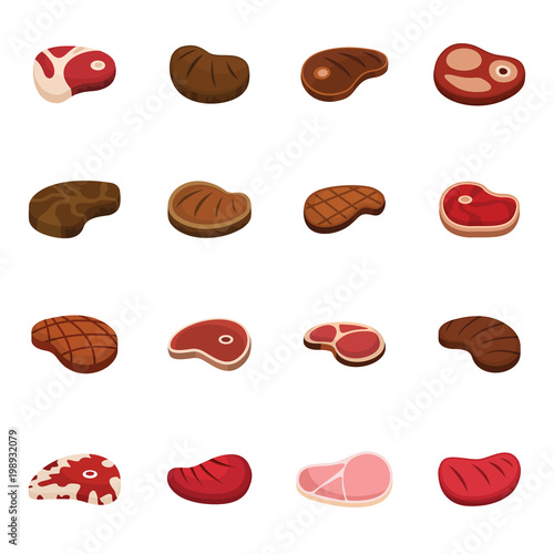 Steak dinner grilled beef icons set. Flat illustration of 16 steak dinner grilled beef vector icons for web
