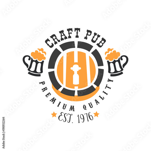 Abstract vector emblem with beer barrel and mugs with foam. Stylish black and orange colors. Original logo design for pub, cafe or alehouse