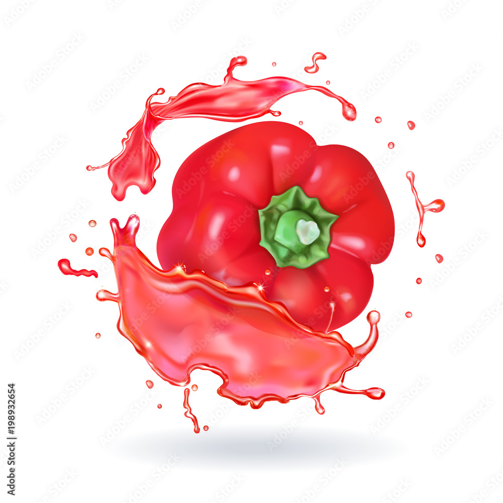 Red sweet bulgarian bell pepper realisitc icon in splash