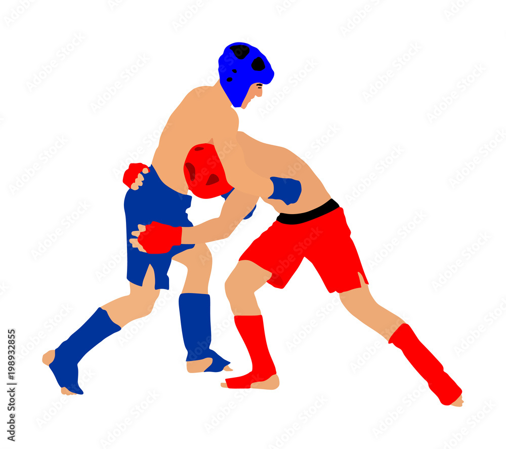 Two mma fighters vector illustration isolated on white background. Mixed martial arts battle. Wrestling, boxing, judo, karate and other skills. Self defense concept. Two mma fighters vector illustration isolated on white background. Mixed martial arts battle. Wrestling, boxing, judo, karate and other skills. Self defense concept.