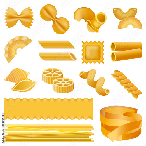 Fusilli pasta penne mockup set. Realistic illustration of 16 fusilli pasta penne mockups for web