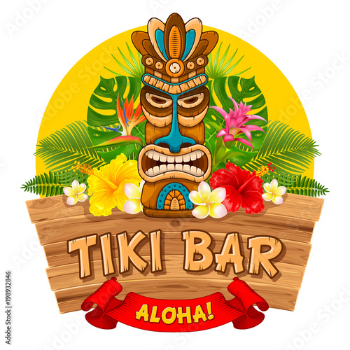 Wooden Tiki mask and signboard of bar