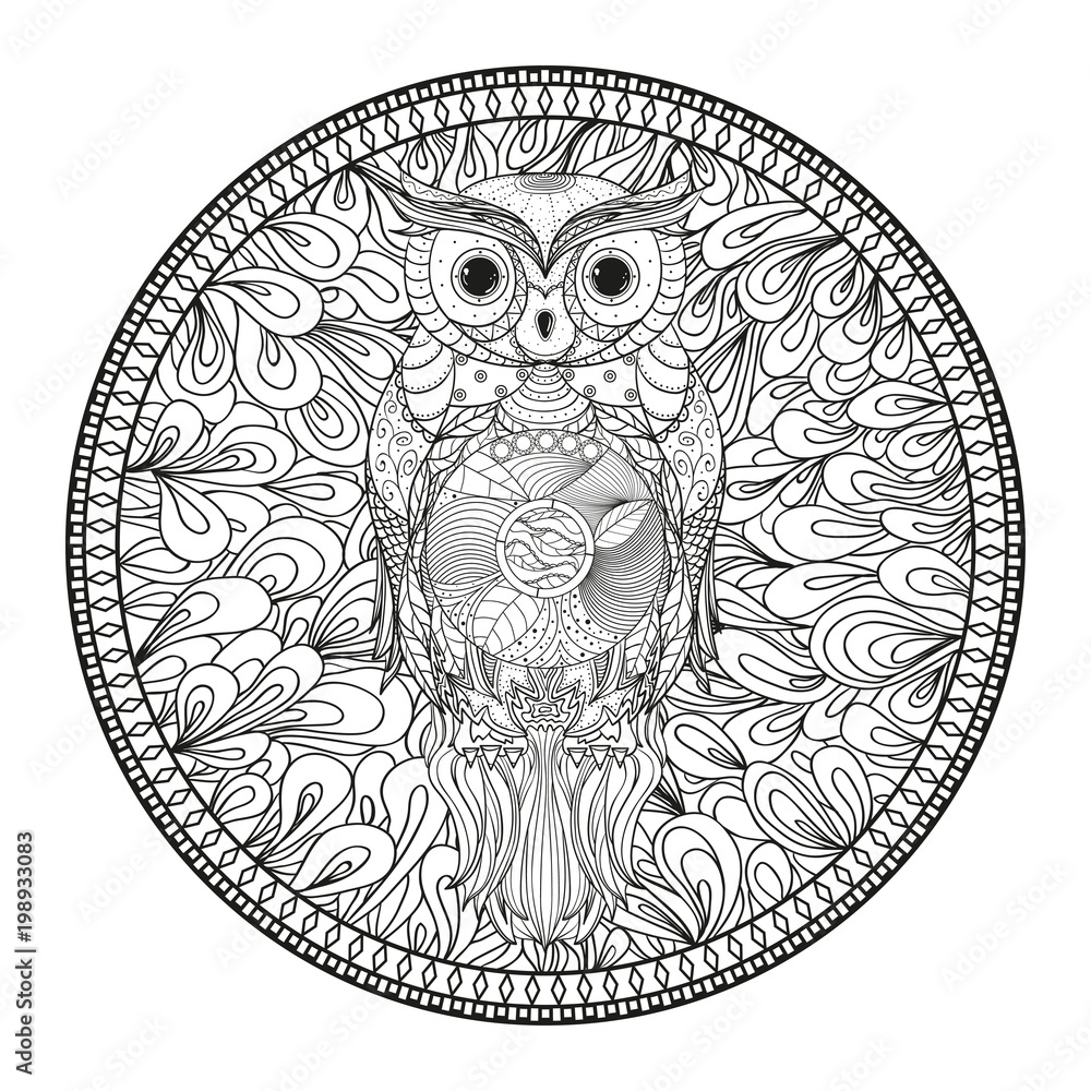 Mandala with owl. Zentangle. Hand drawn abstract patterns on isolation background. Zendala. Outline for tattoo, printing on t-shirts, posters and other. Design for spiritual relaxation for adults
