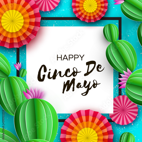 Happy Cinco de Mayo Greeting card. Colorful Paper Fan and Cactus in paper cut style. Mexico, Carnival. Square frame on blue. Space for text.