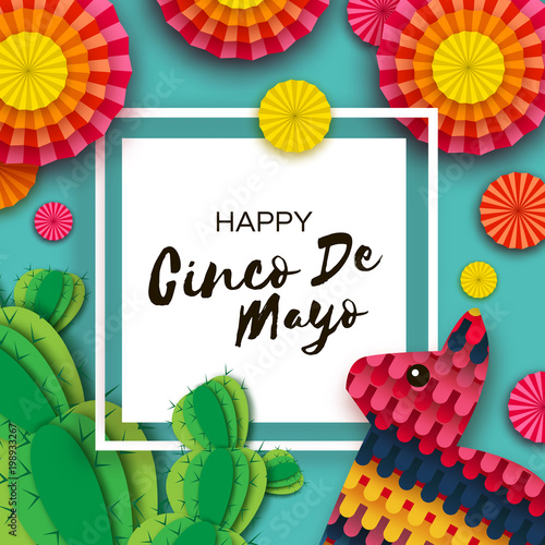 Happy Cinco de Mayo Greeting card. Colorful Paper Fan, Funny Pinata and Cactus in paper cut style. Mexico, Carnival. Square frame on blue. Space for text.