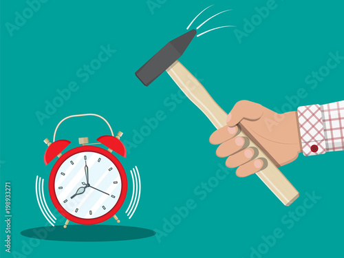 Hand with hammer trying to break alarm clock.