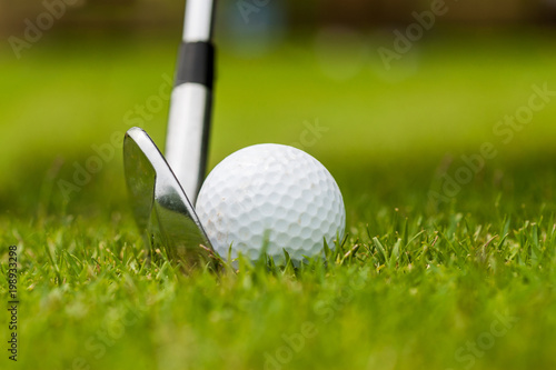 Close Up of Golf club and golf ball on green grass ready to hit. 