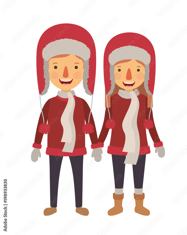 couple with winter suit characters
