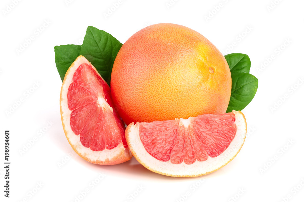 grapefruit and slice with leaves isolated on white background grapefruit and slice with leaves isolated on white background
