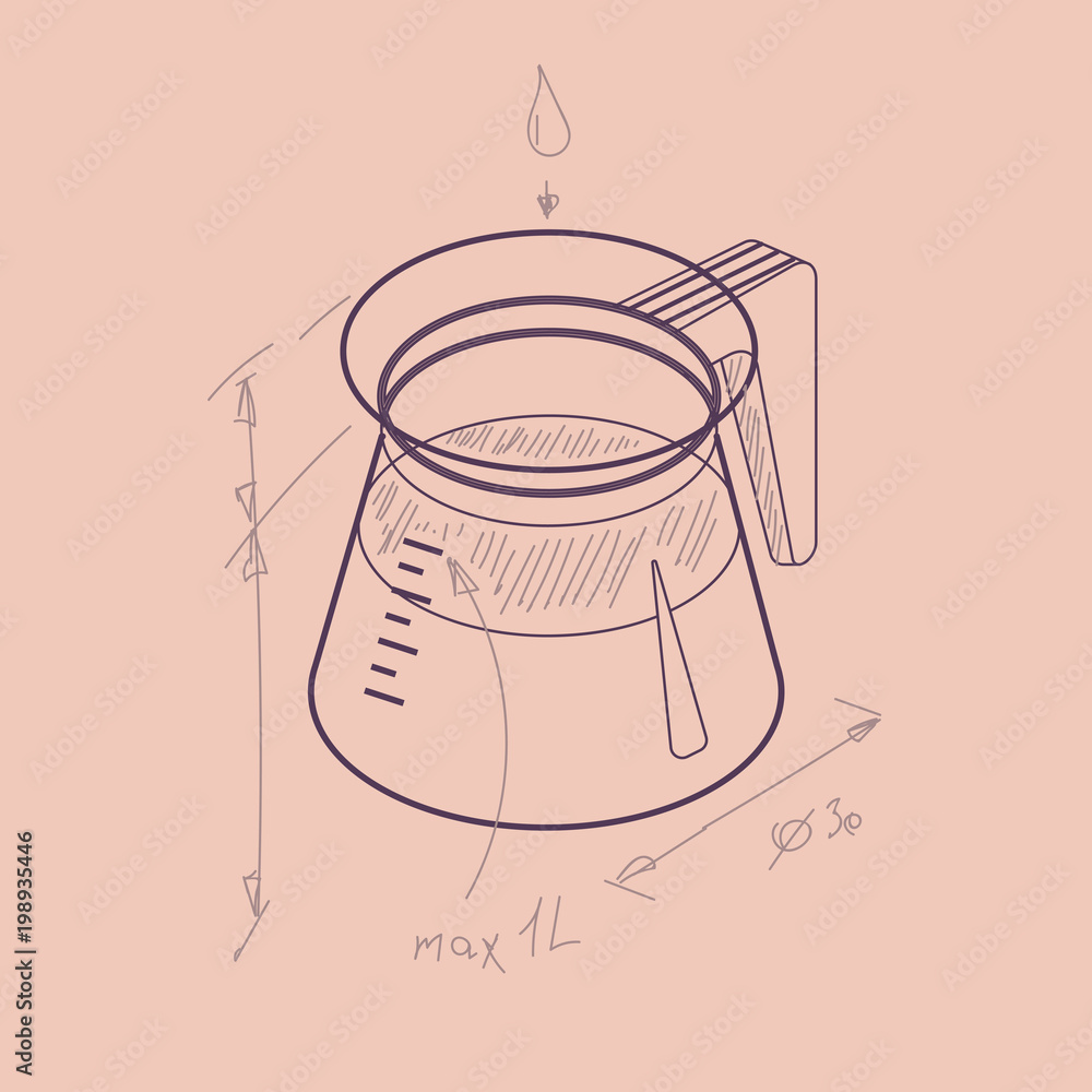 Vector illustration thin line sketch with 3D coffee pot. Coffee container in isometric flat style Vector illustration thin line sketch with 3D coffee pot. Coffee container in isometric flat style