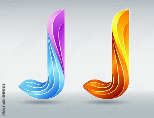 Vector letter J. Creative twisted 3D font. Colorful caramel and ultraviolet colors. Creative symbol on a white background. Logo template for corporate identity.