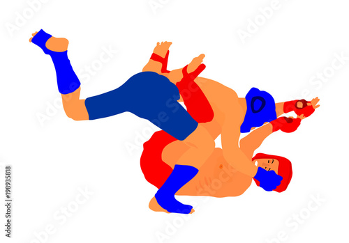 Two mma fighters vector illustration isolated on white background. Mixed martial arts battle. Wrestling, boxing, judo, karate and other skills. Self defense concept. photo