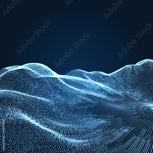 Landscape Background. Terrain. Cyberspace Grid. 3D Technology Vector Illustration.