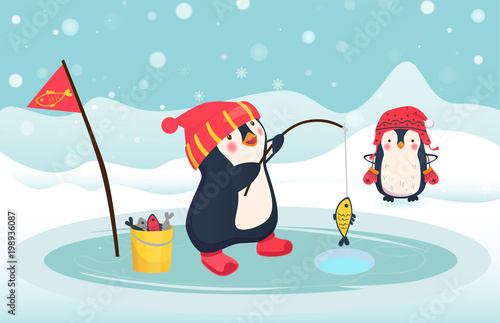 penguin fisherman caught fish