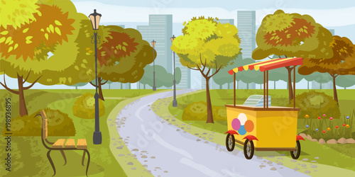 City park, trees, path leading to the city, bench, stall with ice cream, in the background city houses, vector, cartoon style, illustration, isolated