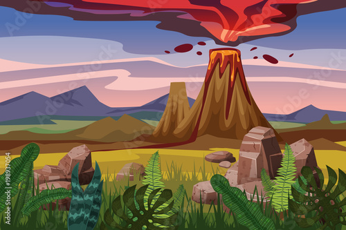 Volcano eruption, background landscape plain, vegetation, stones, vector, cartoon style, illustration, isolated