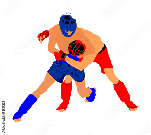 Two mma fighters vector illustration isolated on white background. Mixed martial arts battle. Wrestling, boxing, judo, karate and other skills. Self defense concept.