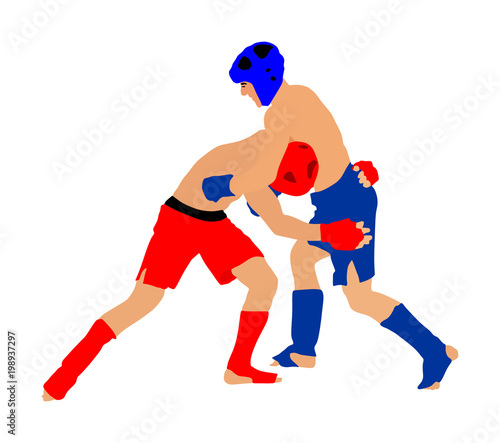 Two mma fighters vector illustration isolated on white background. Mixed martial arts battle. Wrestling, boxing, judo, karate and other skills. Self defense concept.