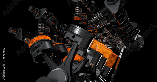 3d model of a working V8 engine with explosions. Pistons and other mechanical parts are in motion.