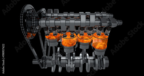 3d model of a working V8 engine with explosions. Pistons and other mechanical parts are in motion.