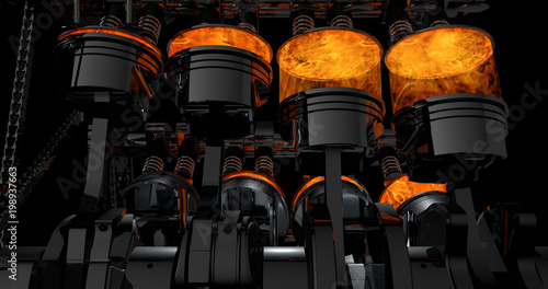 Leinwand Poster 3d model of a working V8 engine with explosions