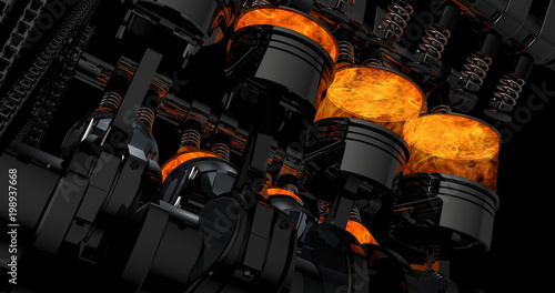 Fototapeta CG model of a working V8 engine with explosions