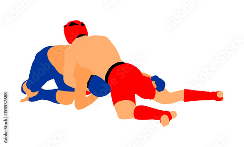 Two mma fighters vector illustration isolated on white background. Mixed martial arts battle. Wrestling, boxing, judo, karate and other skills. Self defense concept.
