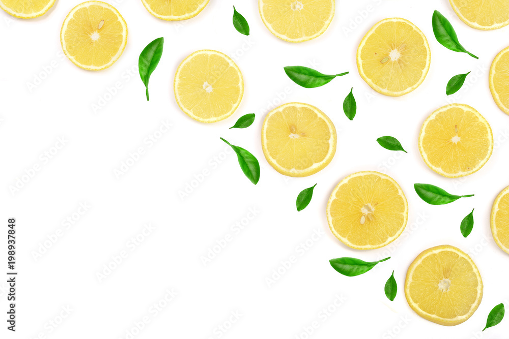 Slices lemon decorated with green leaves isolated on white background with copy space for your text. Flat lay, top view Slices lemon decorated with green leaves isolated on white background with copy space for your text. Flat lay, top view