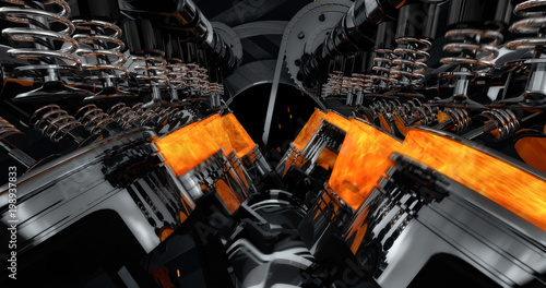 Fotografi CG model of a working V8 engine with explosions and sparks