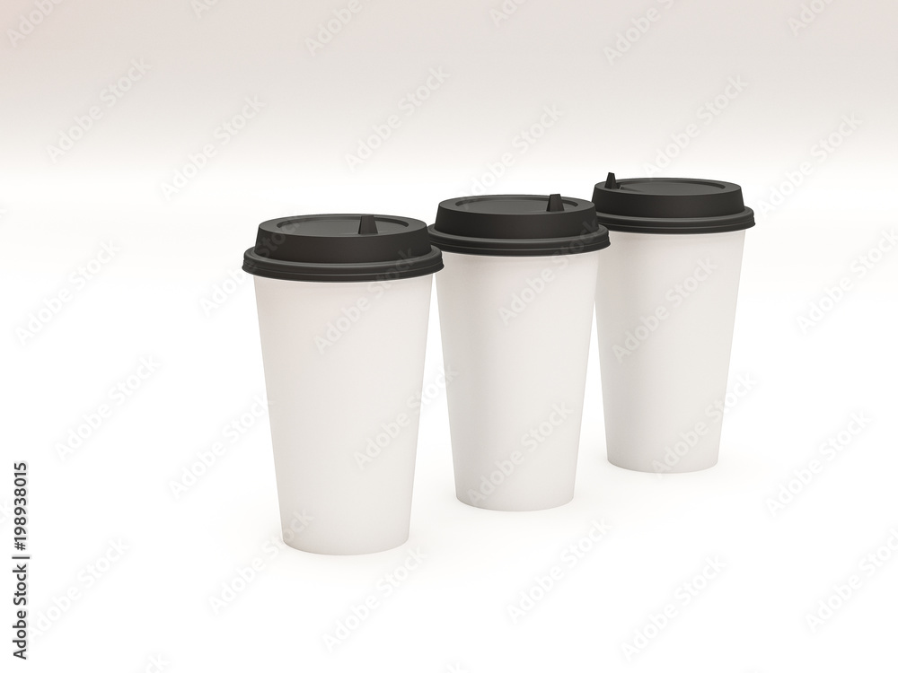 3d model of paper cups with a lid standing on a plane under natural light. White background. Rendering. 3d model of paper cups with a lid standing on a plane under natural light. White background. Rendering.