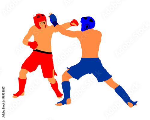 Two mma fighters vector illustration isolated on white background. Mixed martial arts battle. Wrestling, boxing, judo, karate and other skills. Self defense concept. © dovla982