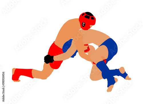 Two mma fighters vector illustration isolated on white background. Mixed martial arts battle. Wrestling, boxing, judo, karate and other skills. Self defense concept.