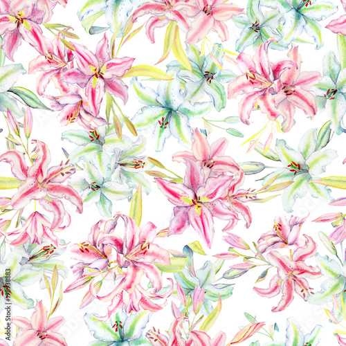 Seamless pattern with colorful lilies flower on white background. Watercolor set of blooming floral for wedding invitations and greeting card design