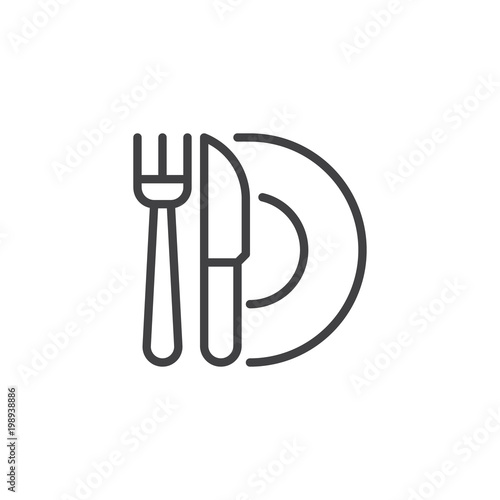 Knife fork and plate outline icon. linear style sign for mobile concept and web design. Restaurant cutlery simple line vector icon. Food symbol, logo illustration. Pixel perfect vector graphics