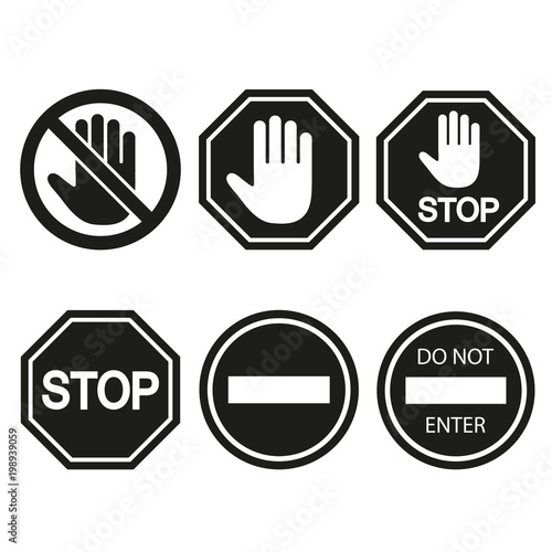 Stop signs collection in black and white, traffic sign to notify drivers and provide safe and orderly street operation.