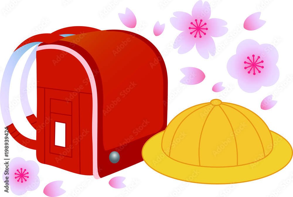 Japanese red school bag and school hat with falling cherry-blossoms Japanese red school bag and school hat with falling cherry-blossoms