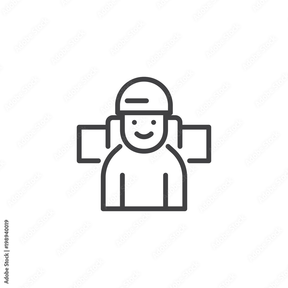 Traveler with hiking bag outline icon. linear style sign for mobile concept and web design. Tourist backpacker simple line vector icon. Symbol, logo illustration. Pixel perfect vector graphics