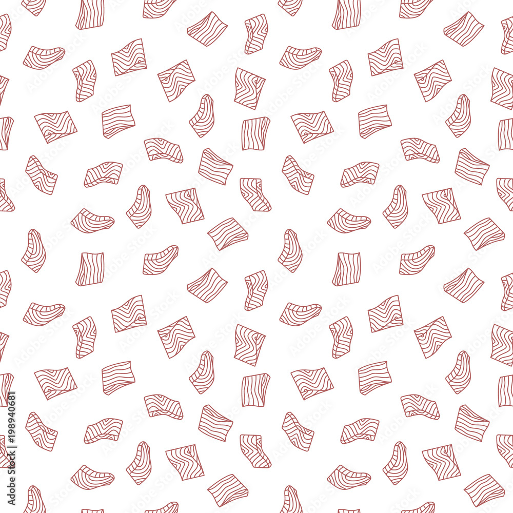 Red fish fillet or steak vector line seamless pattern or texture