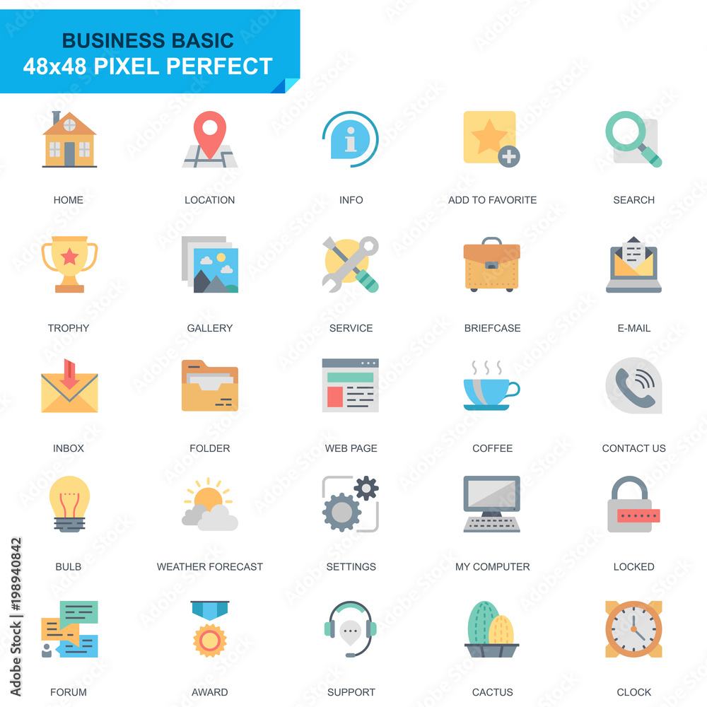 Simple Set Basic Flat Icons for Website and Mobile Apps. Contains such Icons as Location, Briefcase, Lamp, Support, Business, Award. 48x48 Pixel Perfect. Editable Stroke. Vector illustration.