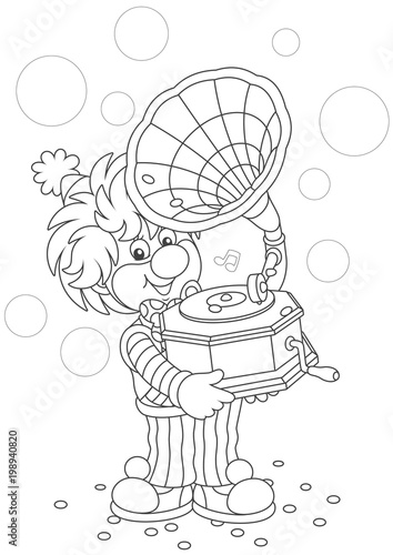 Friendly smiling circus clown listening music from his old gramophone, a black and white vector illustration in a cartoon style for a coloring book