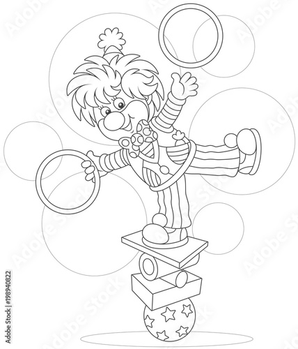 Circus show of a comic juggler - equilibrist. Friendly smiling clown balancing on several objects and juggling with hoops, a black and white vector illustration in a cartoon style for a coloring book