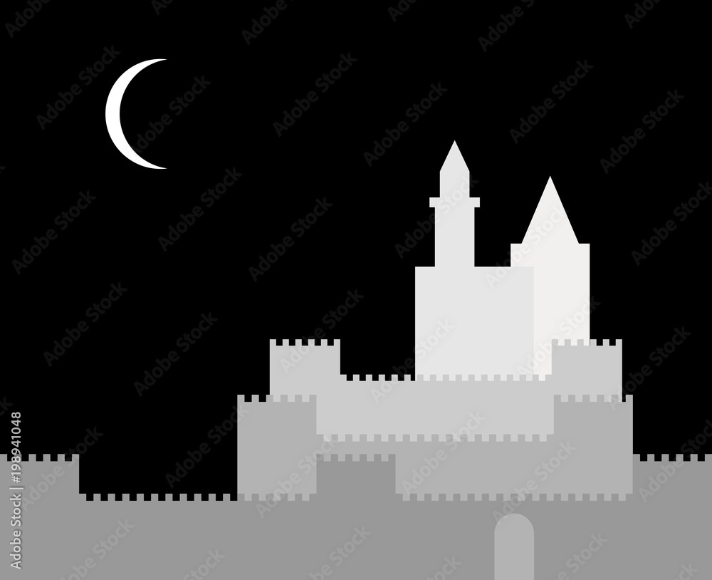 Night landscape with moon and abstract Near East town. Vector illustration.