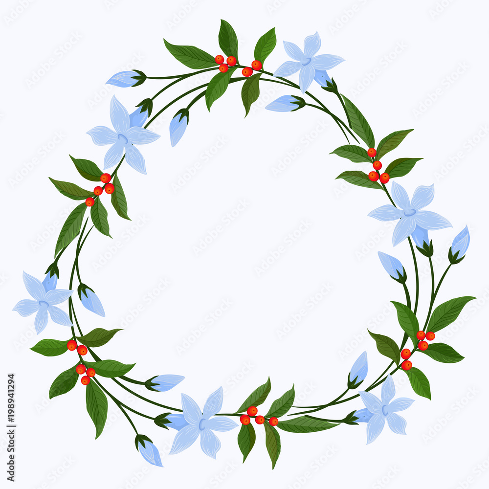 Circle of jasmin flowers wreath on white background with space for your text.