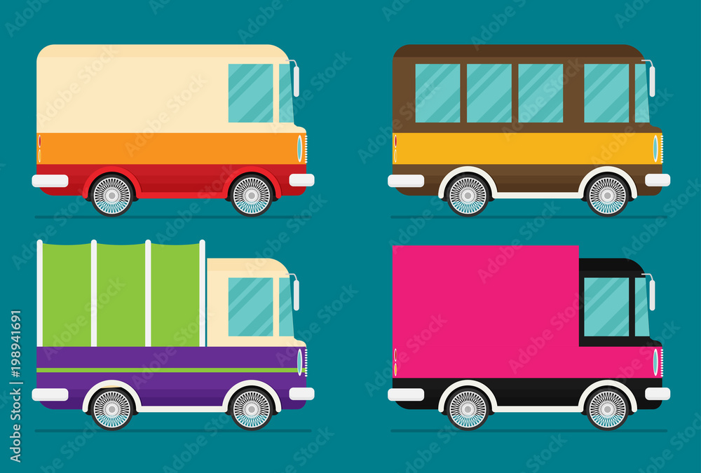 Set of color trucks. Isolated trucks. Vector illustration flat design.