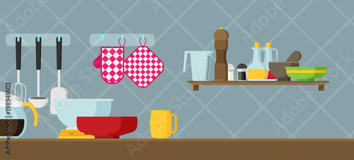 Interior of kitchen, pans on the stove, cooking. Vector illustration in flat style