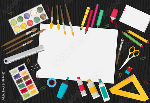 Colored flat design vector illustration of art supplies and art instruments