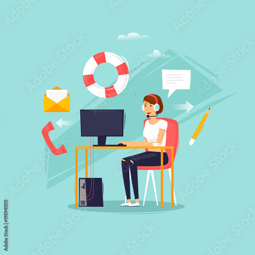 Online Support. Girl answers the phone. Flat design vector illustration.