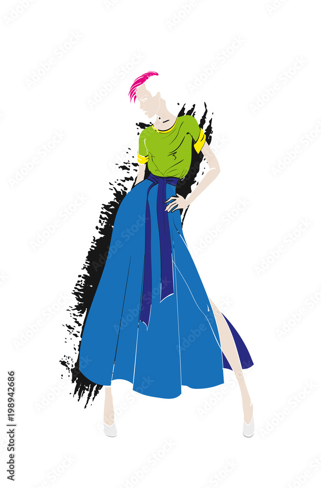 Fashion illustration. Stylish fashion models. Fashion girl Sketch. A girl in a dress