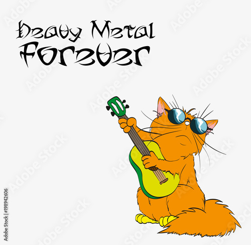 Heavy metal forever Cat in Heavy metal vector. Illustration of cat playing music in rock music.  A cute red cat plays heavy music.